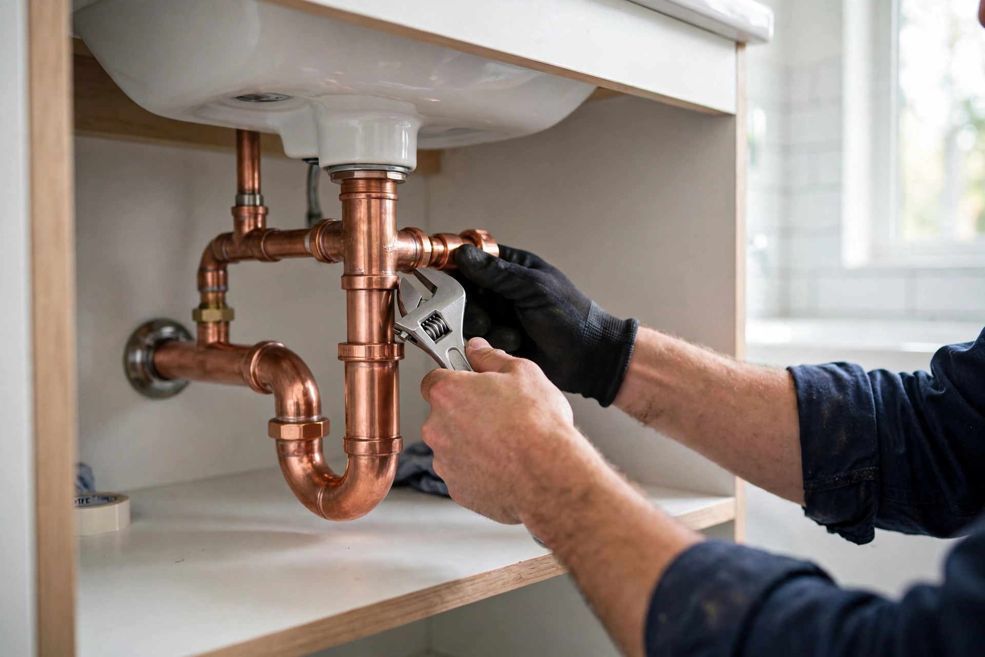 Plumbing work: copper pipes under a sink