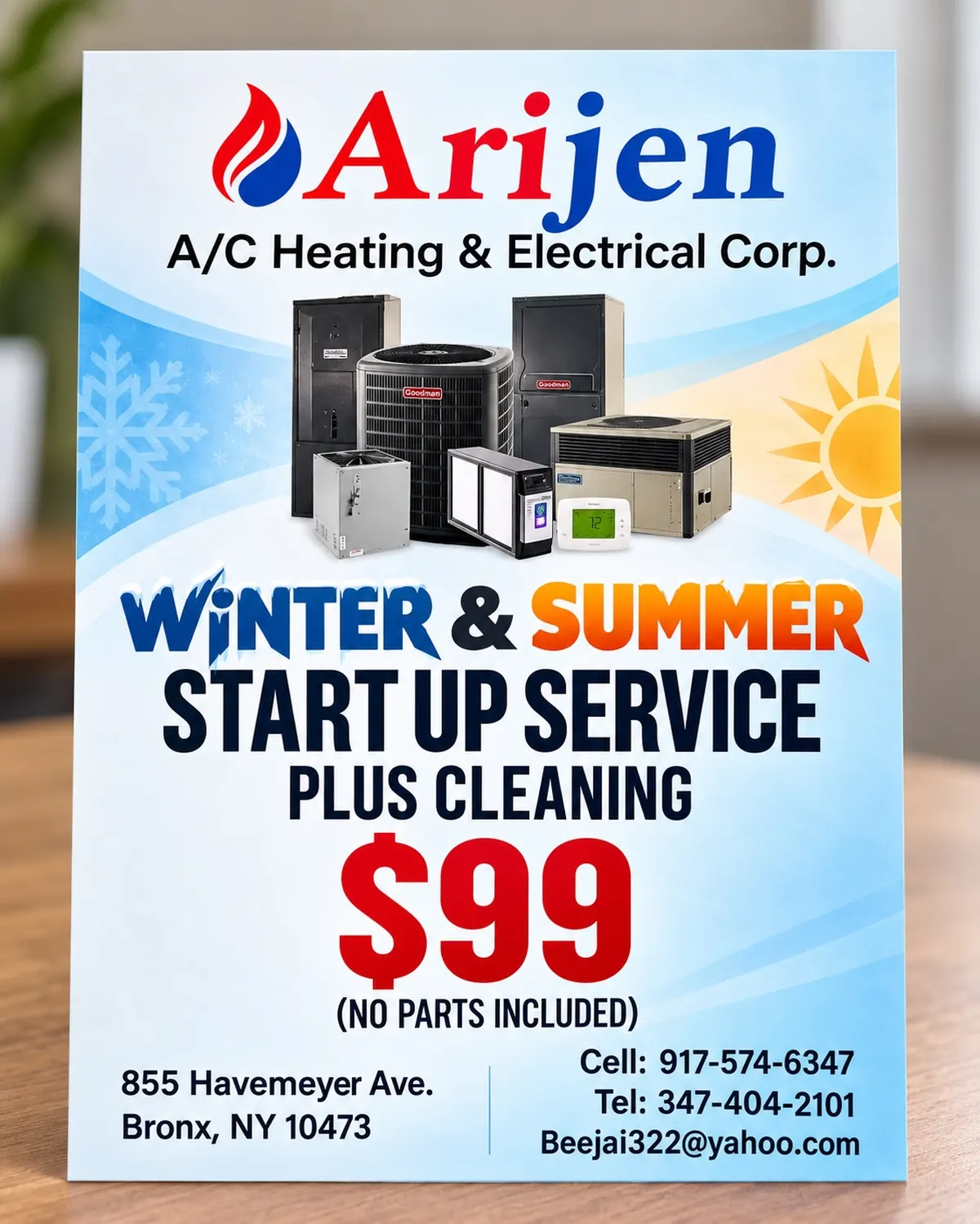 Arijen's flyer — Winter & Summer Start-Up Service plus Cleaning, $99, no parts included