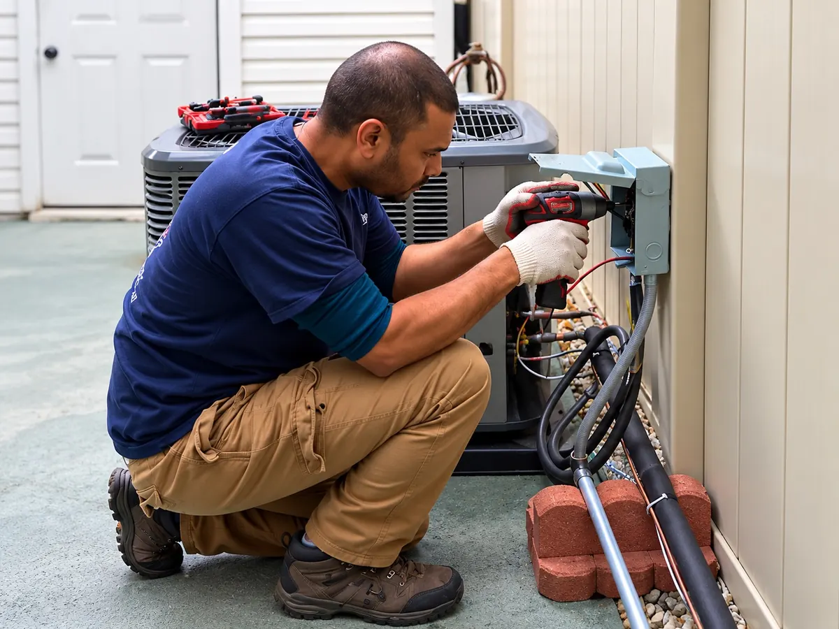 Arijen technician wiring an electrical disconnect beside an outdoor condenser during a service call
