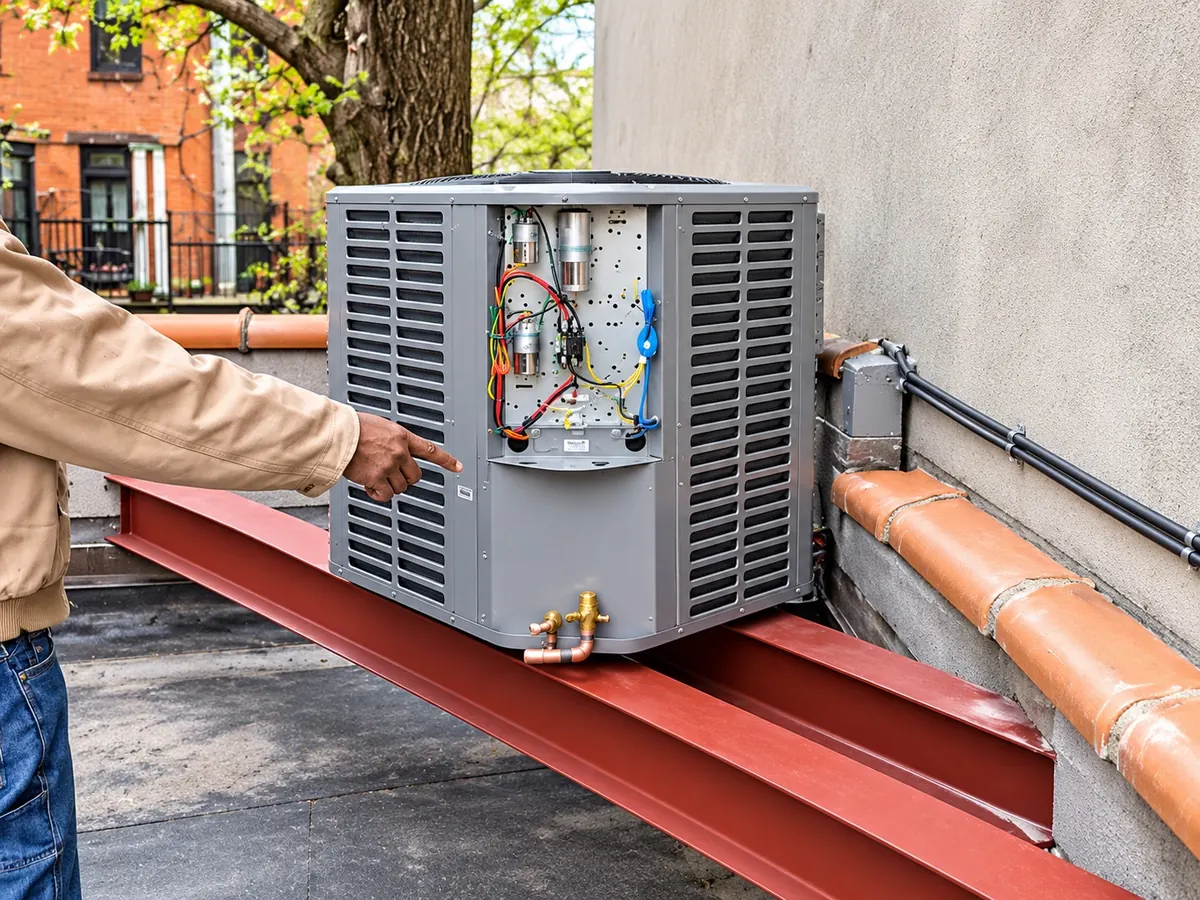 Arijen technician inspecting the open electrical panel of a rooftop condenser during a service visit