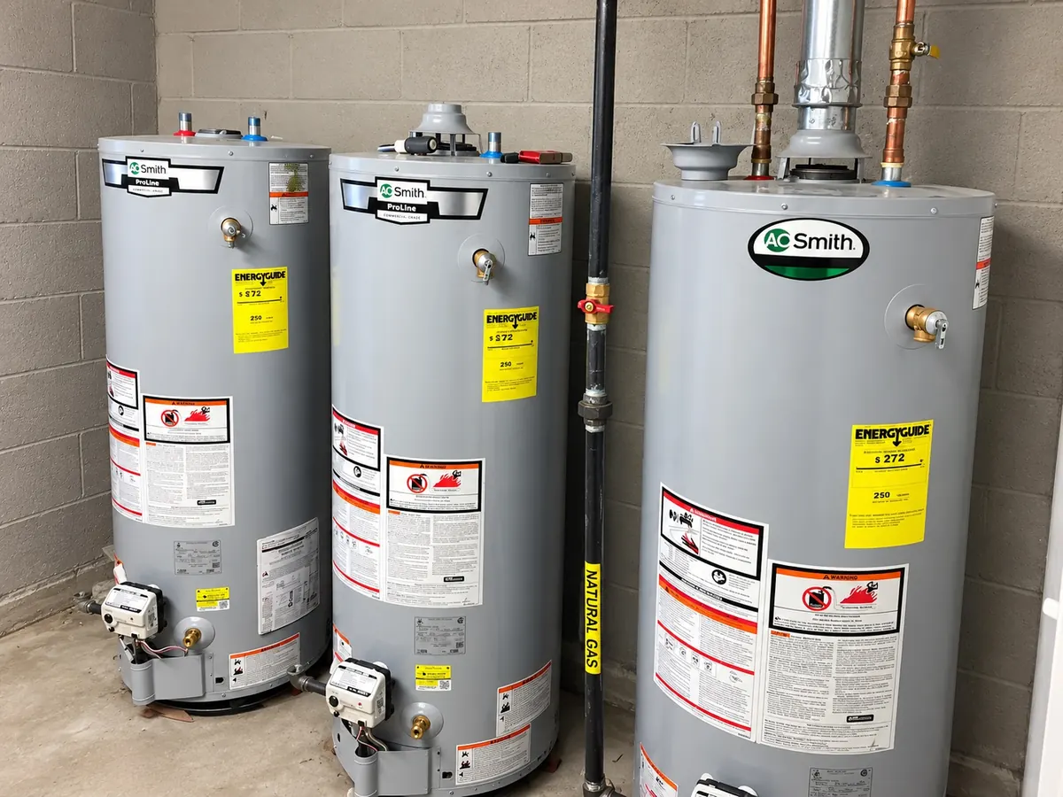 Three A. O. Smith water heaters installed by Arijen in a mechanical room, with copper piping and a natural gas line