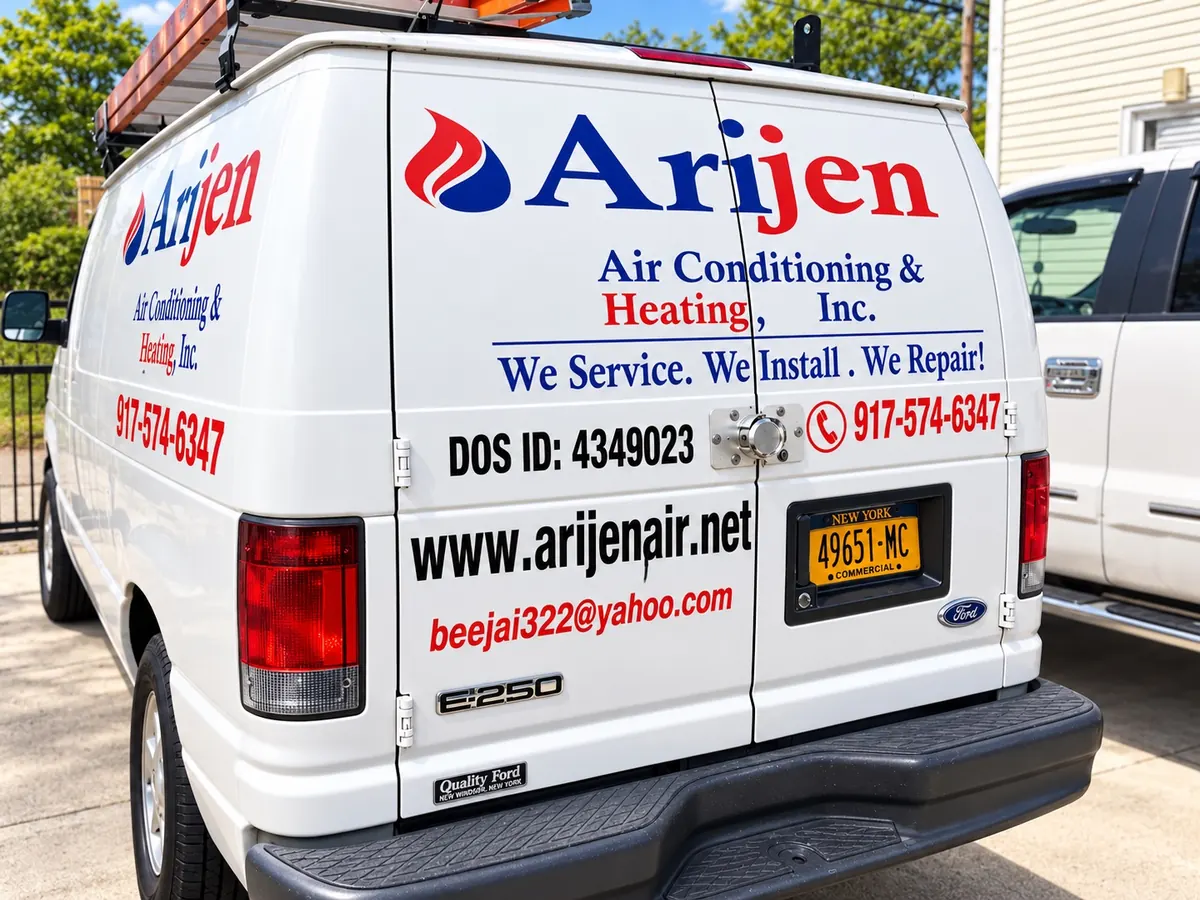 The Arijen service van — Arijen Air Conditioning & Heating, Inc., with our motto: We Service, We Install, We Repair!
