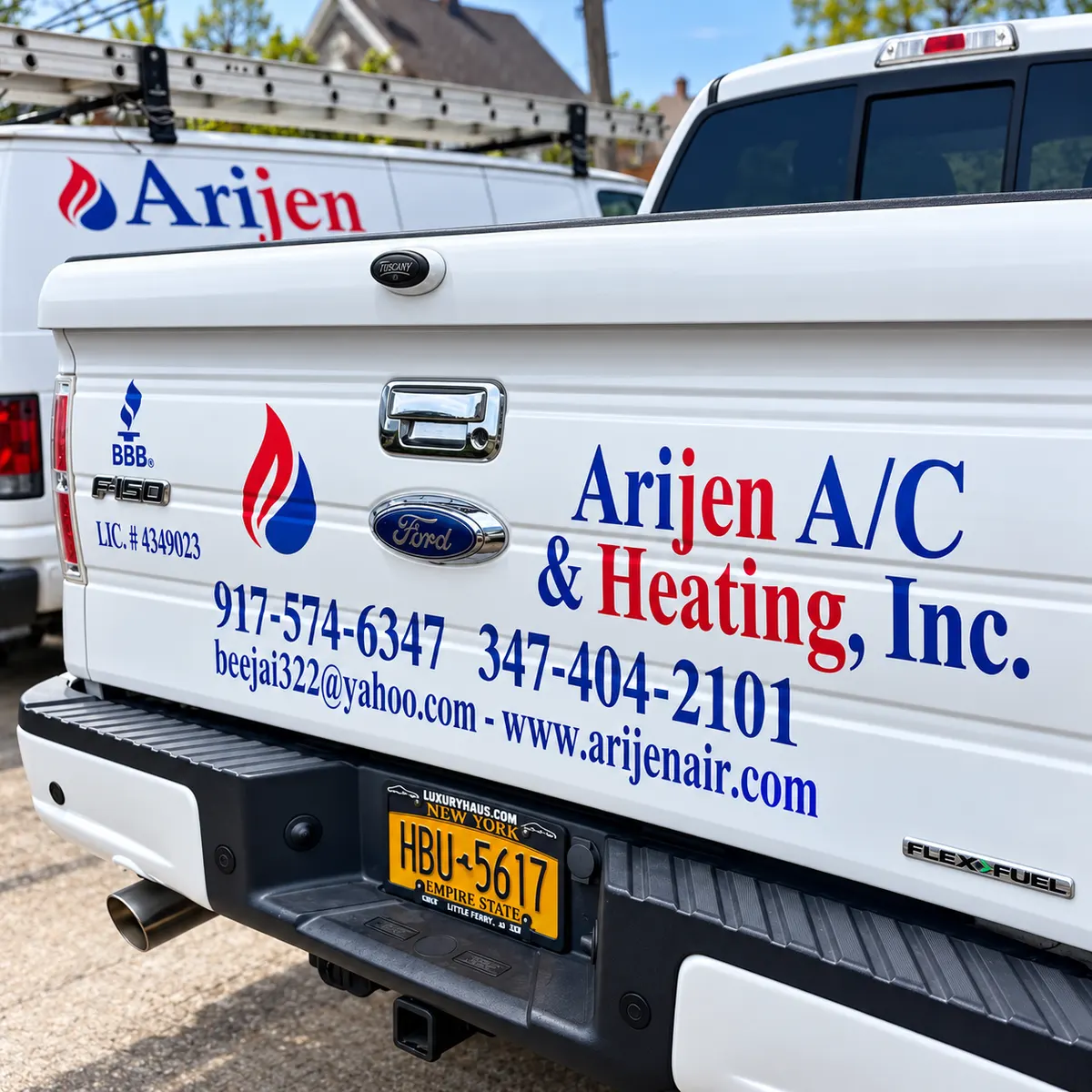 The Arijen F-150 service truck, lettered with the company name and both phone numbers