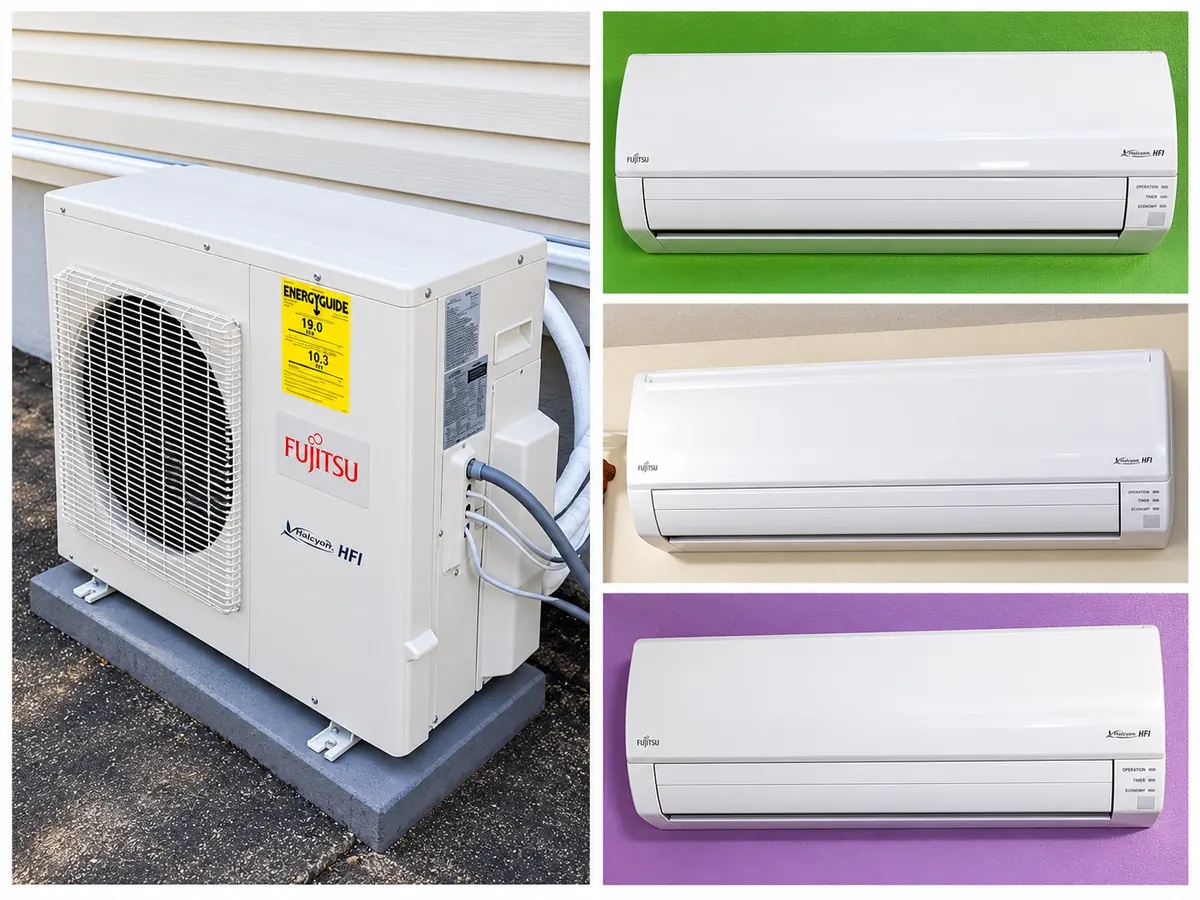 Fujitsu Halcyon ductless system — outdoor condenser unit and wall-mounted indoor units