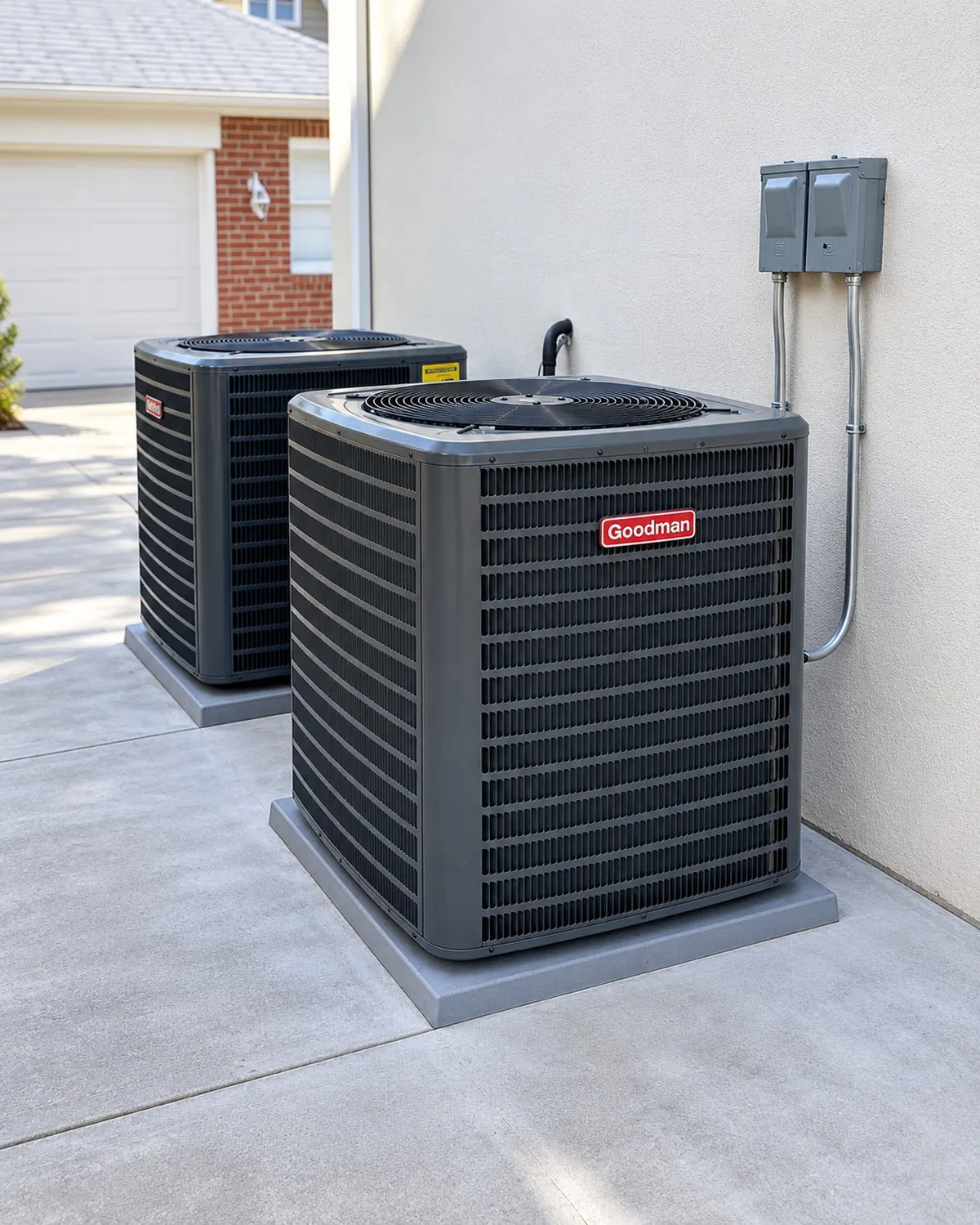 Two Goodman air conditioning condensers installed by Arijen on pads beside a house, each with its own disconnect