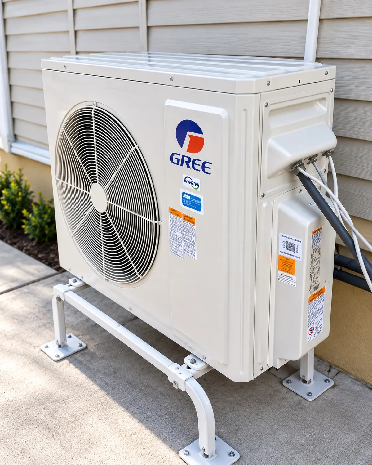 Gree inverter outdoor condenser installed by Arijen on a raised metal stand beside a home
