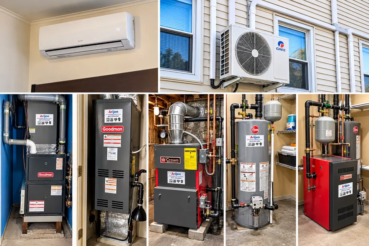 Collage of recent Arijen installations — Gree ductless units, Goodman furnaces, Crown boilers and a Rheem water heater, each carrying an Arijen service sticker