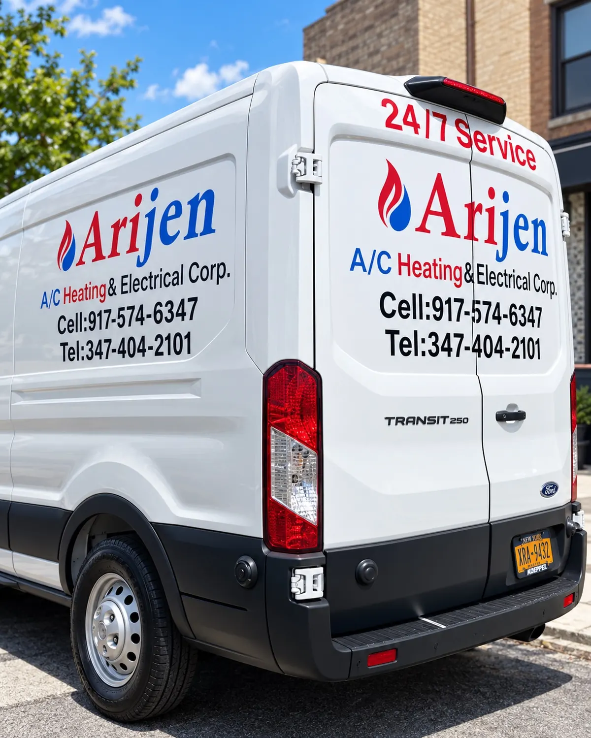 The Arijen Ford Transit service van, lettered with the company name and both phone numbers