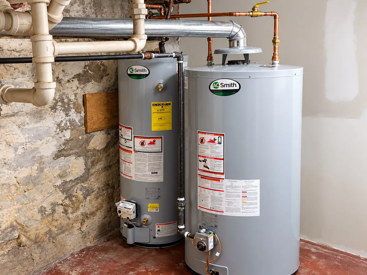 Two A. O. Smith water heaters installed by Arijen in a basement, with copper piping and PVC drains